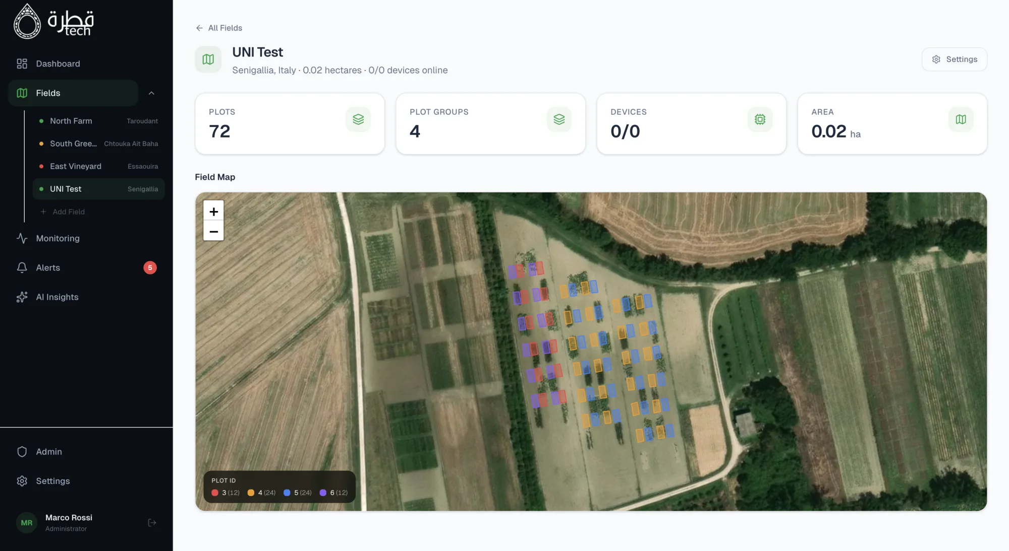 Research deployment with dozens of individually mapped plots over satellite imagery