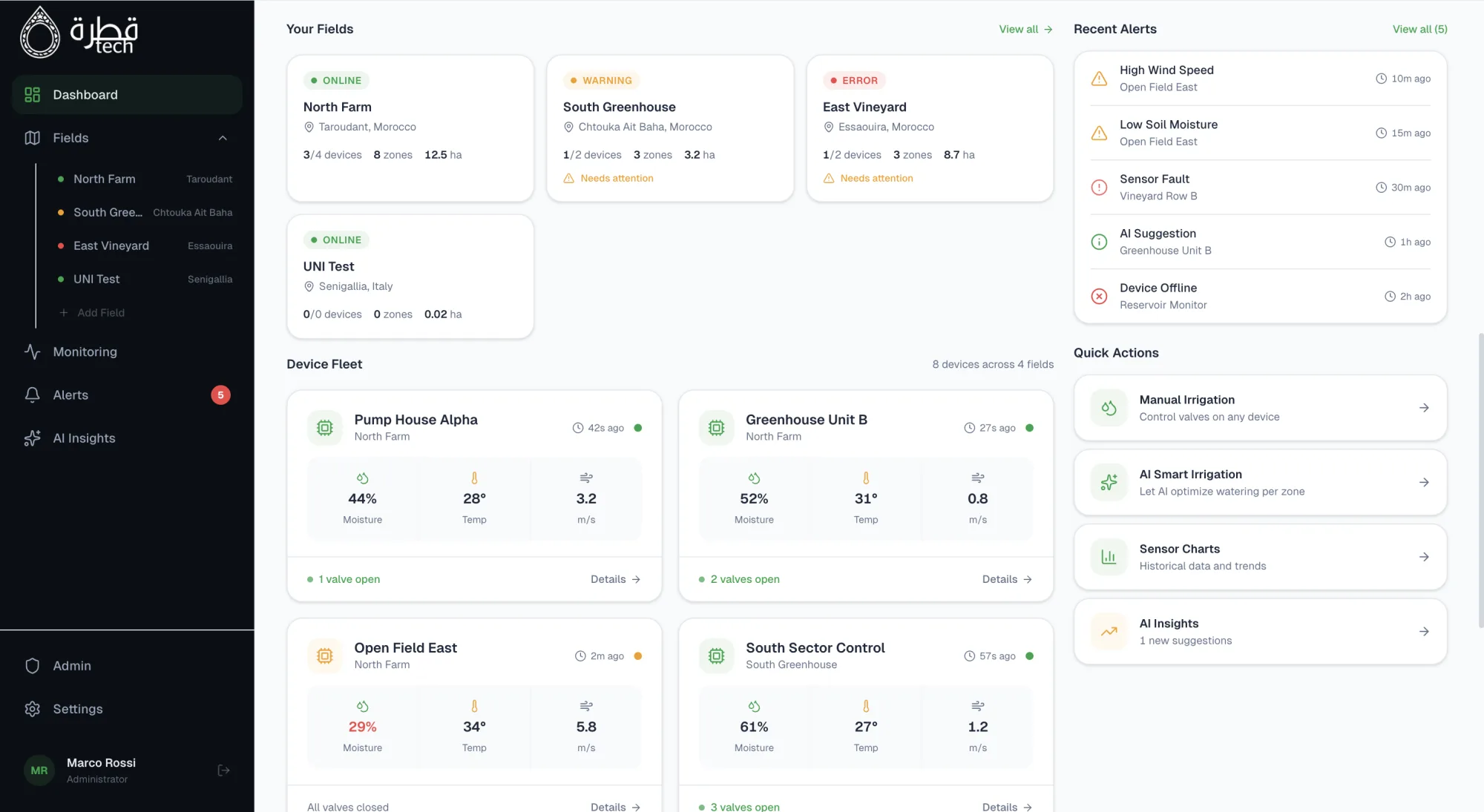 Field and device fleet overview with alerts and AI quick actions